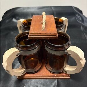 Vintage Siesta Ware Amber Glass Mug Set with Wooden Holder